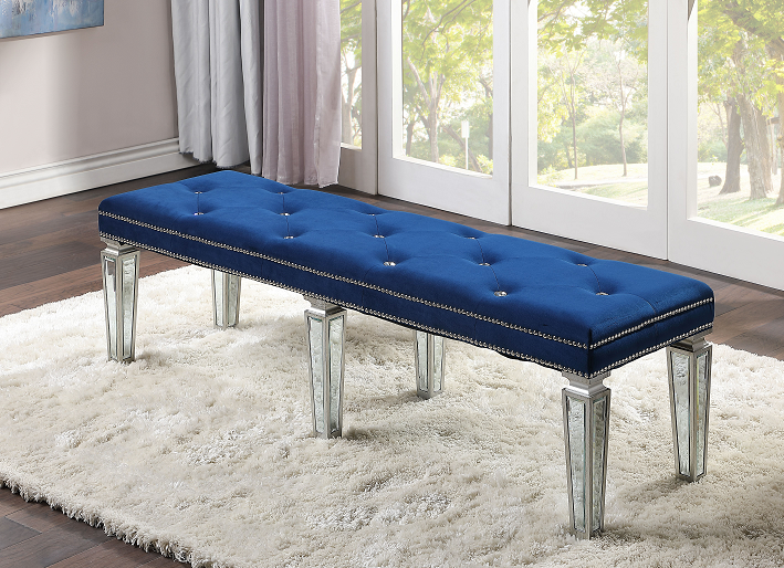 Varian Blue Velvet & Mirrored Bench - U&U Home Budget Furniture (Carteret, NJ)
