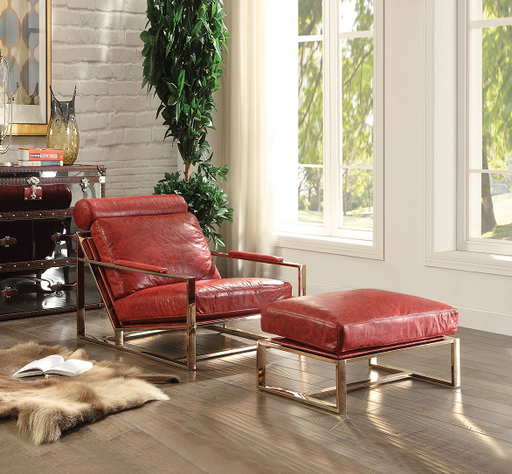 Quinto Antique Red Top Grain Leather & Stainless Steel Accent Chair - U&U Home Budget Furniture (Carteret, NJ)