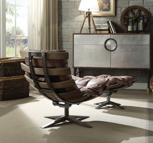Gandy Retro Brown Top Grain Leather Chair & Ottoman (2Pc Pk) - U&U Home Budget Furniture (Carteret, NJ)