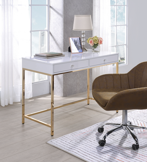 Ottey White High Gloss & Gold Desk - U&U Home Budget Furniture (Carteret, NJ)