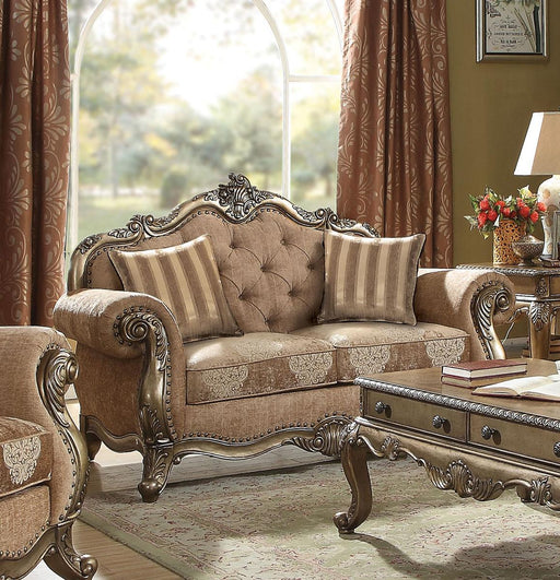 Acme Ragenardus Loveseat with 2 Pillows in Fabric & Vintage Oak 56031 - U&U Home Budget Furniture (Carteret, NJ)