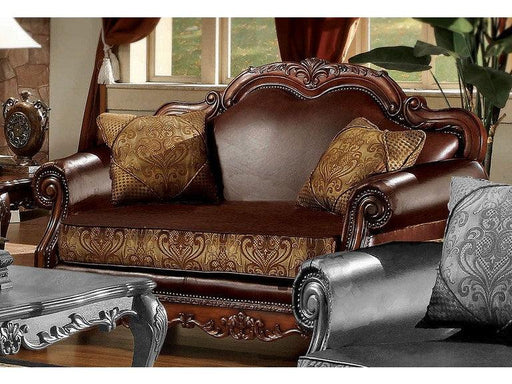 Dresden Brown PU & Chenille, Cherry Oak Loveseat w/2 Pillows - U&U Home Budget Furniture (Carteret, NJ)