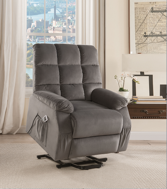 Ipompea Gray Velvet Recliner w/Power Lift & Massage - U&U Home Budget Furniture (Carteret, NJ)