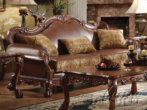 Dresden Brown PU & Chenille, Cherry Oak Sofa w/3 Pillows - U&U Home Budget Furniture (Carteret, NJ)