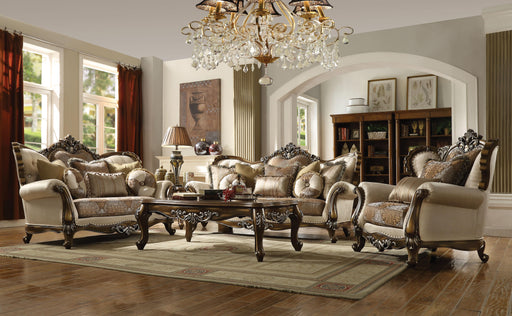 Latisha Tan, Pattern Fabric & Antique Oak Sofa w/6 Pillows - U&U Home Budget Furniture (Carteret, NJ)