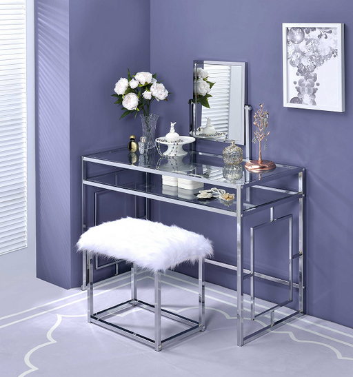 Carenze II White Faux Fur & Chrome Vanity Set - U&U Home Budget Furniture (Carteret, NJ)