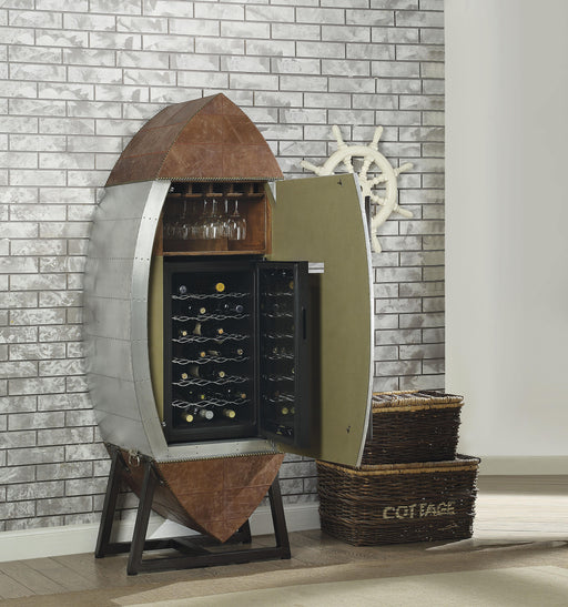 Brancaster Retro Brown Top Grain Leather & Aluminum Wine Cabinet & Cooler - U&U Home Budget Furniture (Carteret, NJ)
