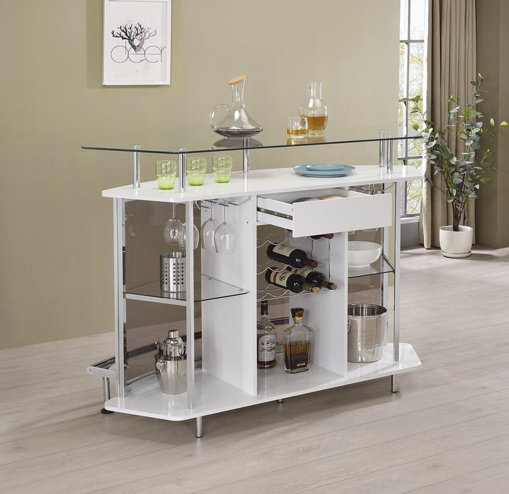 Gideon Crescent Shaped Glass Top Bar Unit with Drawer - U&U Home Budget Furniture (Carteret, NJ)