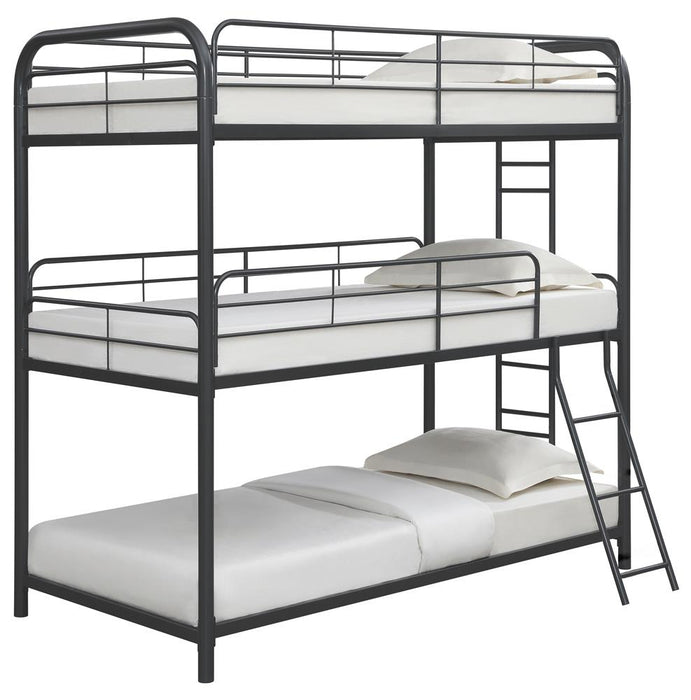 Garner Triple Twin Bunk Bed with Ladder Gunmetal - U&U Home Budget Furniture (Carteret, NJ)