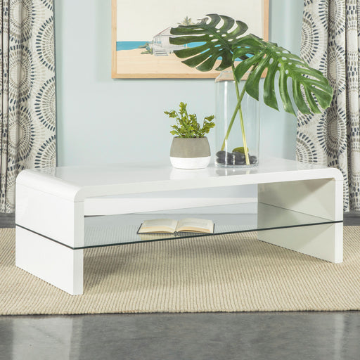 Airell Rectangular Coffee Table with Glass Shelf White High Gloss - U&U Home Budget Furniture (Carteret, NJ)