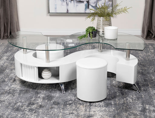 Buckley Curved Glass Top Coffee Table With Stools White High Gloss - U&U Home Budget Furniture (Carteret, NJ)