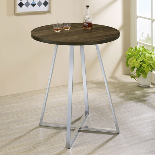 Burkhart Sled Base Round Bar Table Brown Oak and Chrome - U&U Home Budget Furniture (Carteret, NJ)