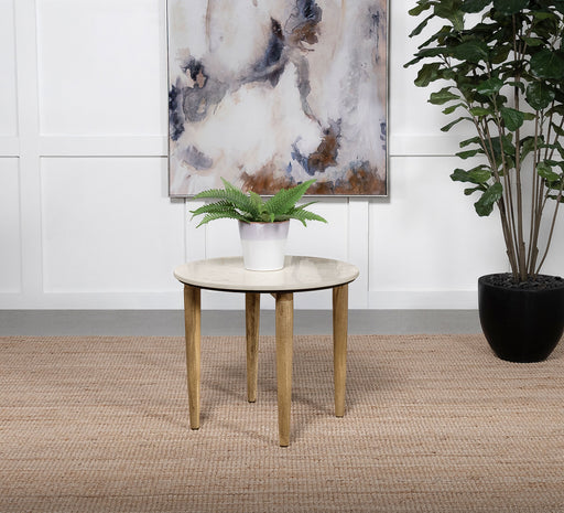 Aldis Round Marble Top End Table White and Natural - U&U Home Budget Furniture (Carteret, NJ)