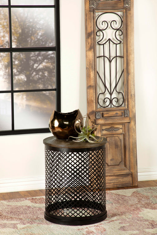 Aurora Round Accent Table with Drum Base Natural and Black - U&U Home Budget Furniture (Carteret, NJ)