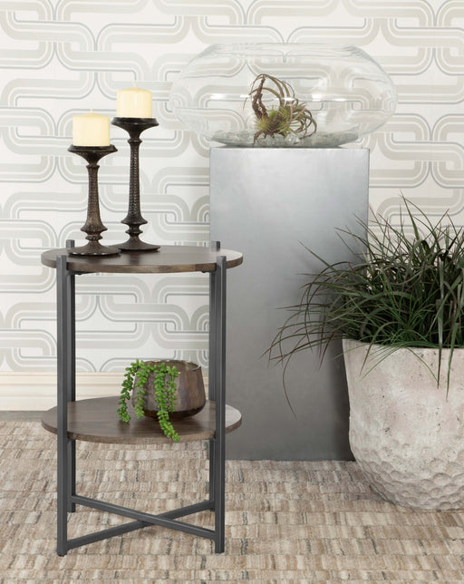 Axel Round Accent Table with Open Shelf Natural and Gunmetal - U&U Home Budget Furniture (Carteret, NJ)