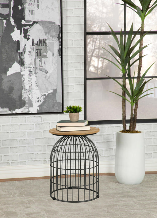Bernardo Round Accent Table with Bird Cage Base Natural and Gunmetal - U&U Home Budget Furniture (Carteret, NJ)