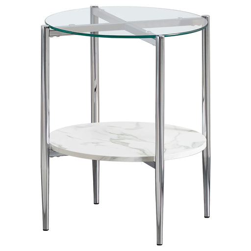 Cadee Round Glass Top End Table Clear and Chrome - U&U Home Budget Furniture (Carteret, NJ)