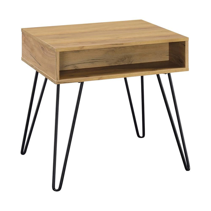 Fanning Square End Table with Open Compartment Golden Oak and Black - U&U Home Budget Furniture (Carteret, NJ)
