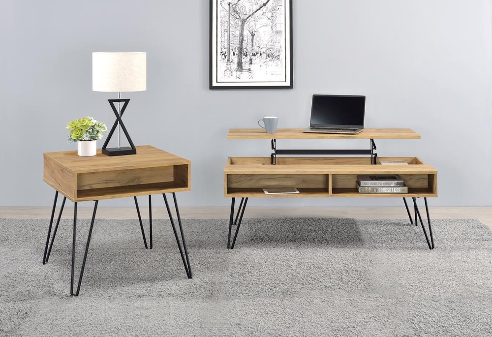 Fanning Square End Table with Open Compartment Golden Oak and Black - U&U Home Budget Furniture (Carteret, NJ)