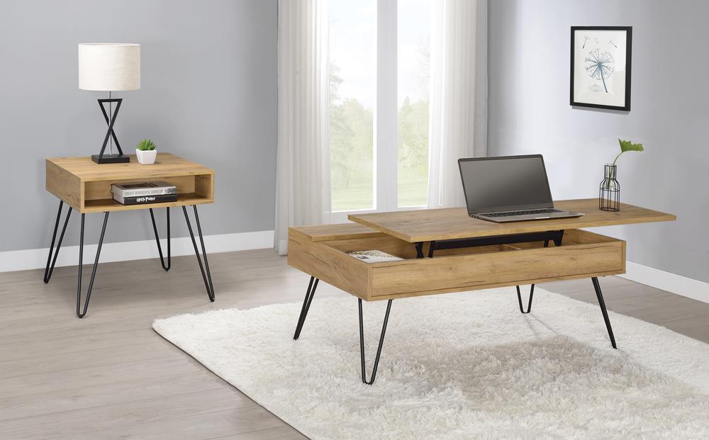 Fanning Square End Table with Open Compartment Golden Oak and Black - U&U Home Budget Furniture (Carteret, NJ)