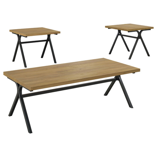 Colmar 3-piece Trestle Occasional Table Set Golden Oak and Gunmetal - U&U Home Budget Furniture (Carteret, NJ)