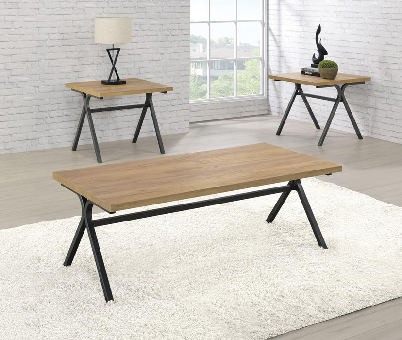 Colmar 3-piece Trestle Occasional Table Set Golden Oak and Gunmetal - U&U Home Budget Furniture (Carteret, NJ)
