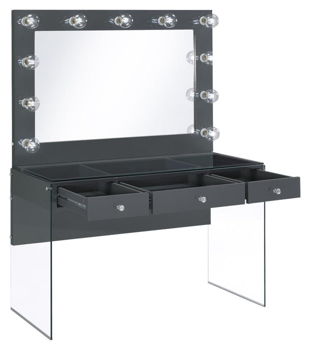 Afshan 3-drawer Vanity Desk with Lighting Mirror Grey High Gloss - U&U Home Budget Furniture (Carteret, NJ)