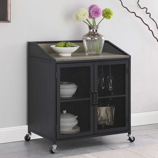 Arlette Wine Cabinet with Wire Mesh Doors Grey Wash and Sandy Black - U&U Home Budget Furniture (Carteret, NJ)