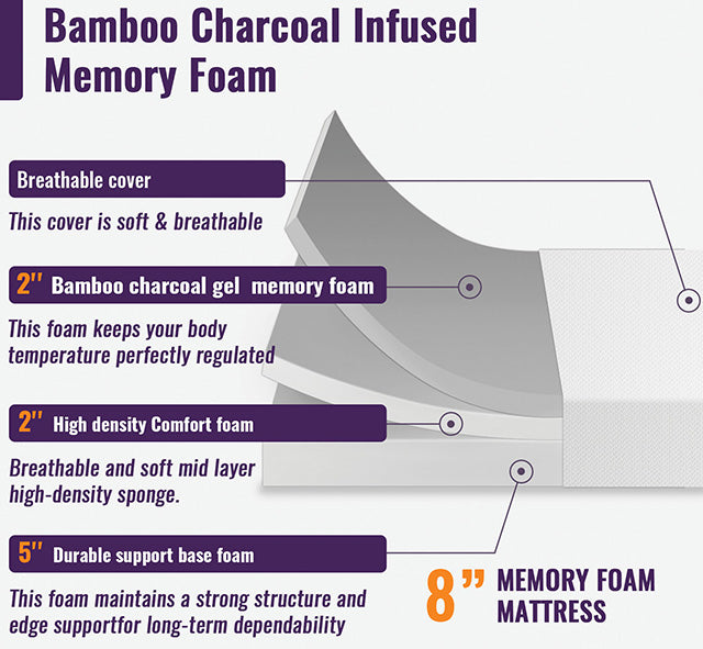 Nasturtium 8" Queen Bamboo Charcoal Infused Memory Foam - U&U Home Budget Furniture (Carteret, NJ)